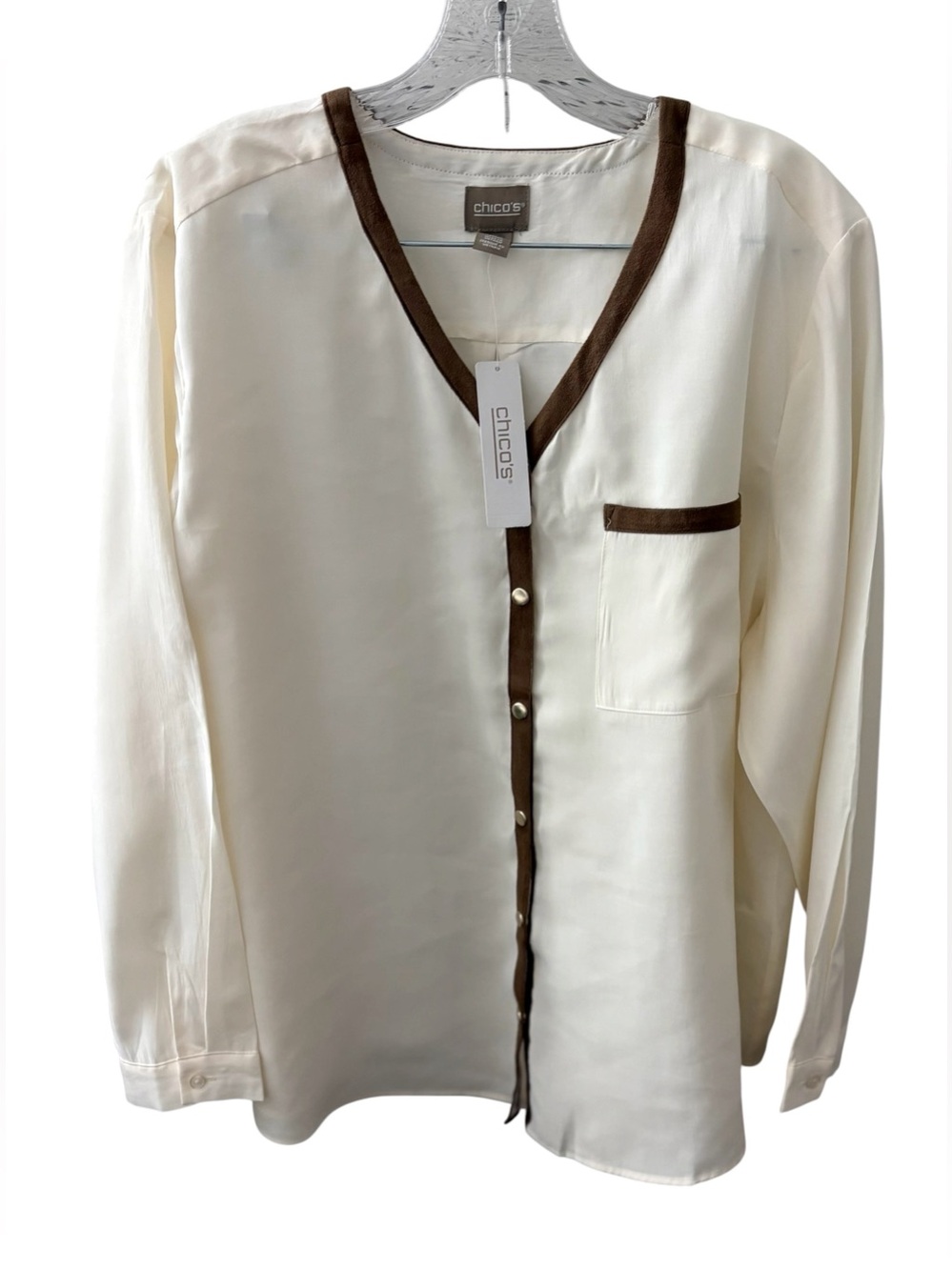 Chico's NWT Size 3 Faux Suede-Trimmed Silky Chic L/S Blouse Top Modern Ecru